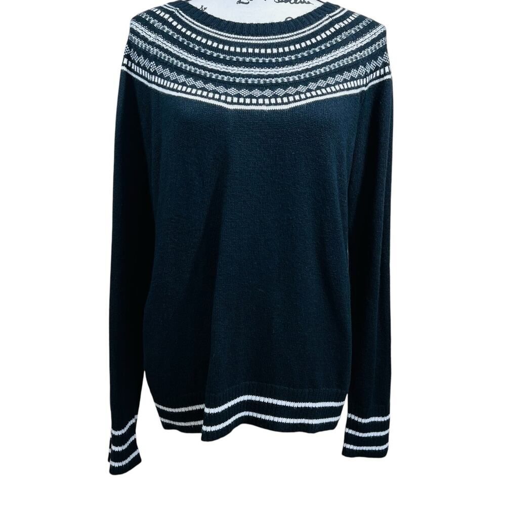 Talbots Black Crewneck knit  Sweater  Spirited Fair Isle lightweight size L